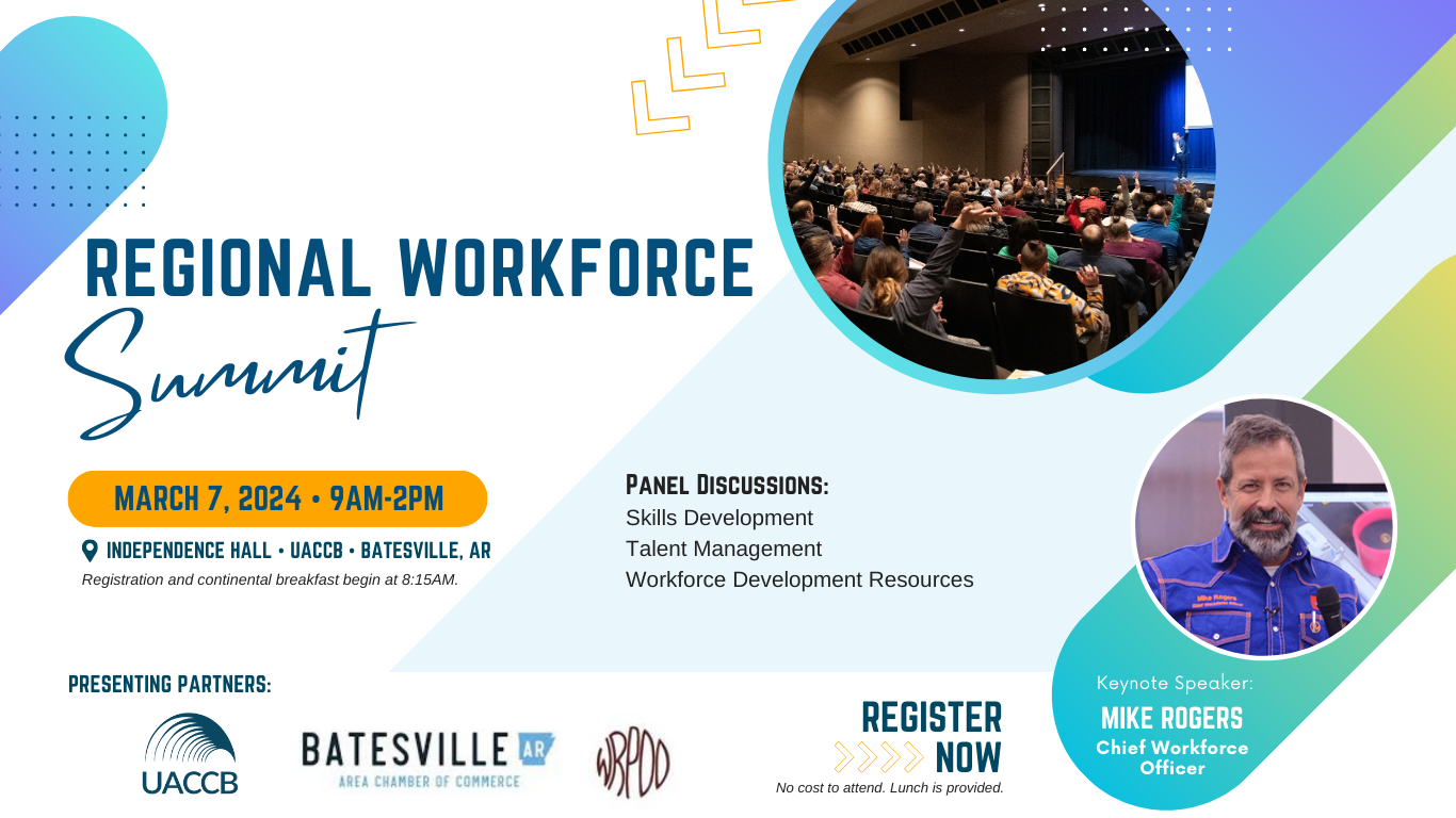 Banner for the Regional Workforce Summit on March 7, 2024, from 9 AM to 2 PM at Independence Hall, UACCB, Batesville, AR. The image features a large audience in a conference hall with a speaker on stage, emphasizing the event's communal and educational nature. Key details include panel discussions on Skills Development, Talent Management, and Workforce Development Resources. The keynote speaker is Mike Rogers, Chief Workforce Officer. The UACCB logo, Batesville Area Chamber of Commerce logo, and WRD logo are presented as partners. Attendees are invited to register now with no cost to attend and lunch provided. Registration and breakfast begin at 8:15 AM.