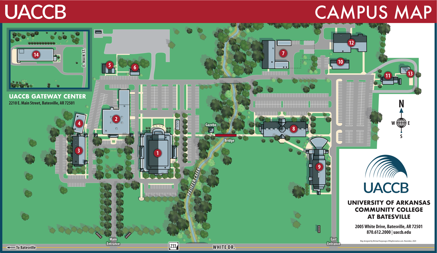 Campus map of UACCB showing major buildings, parking, and pathways. See full legend below for details.
